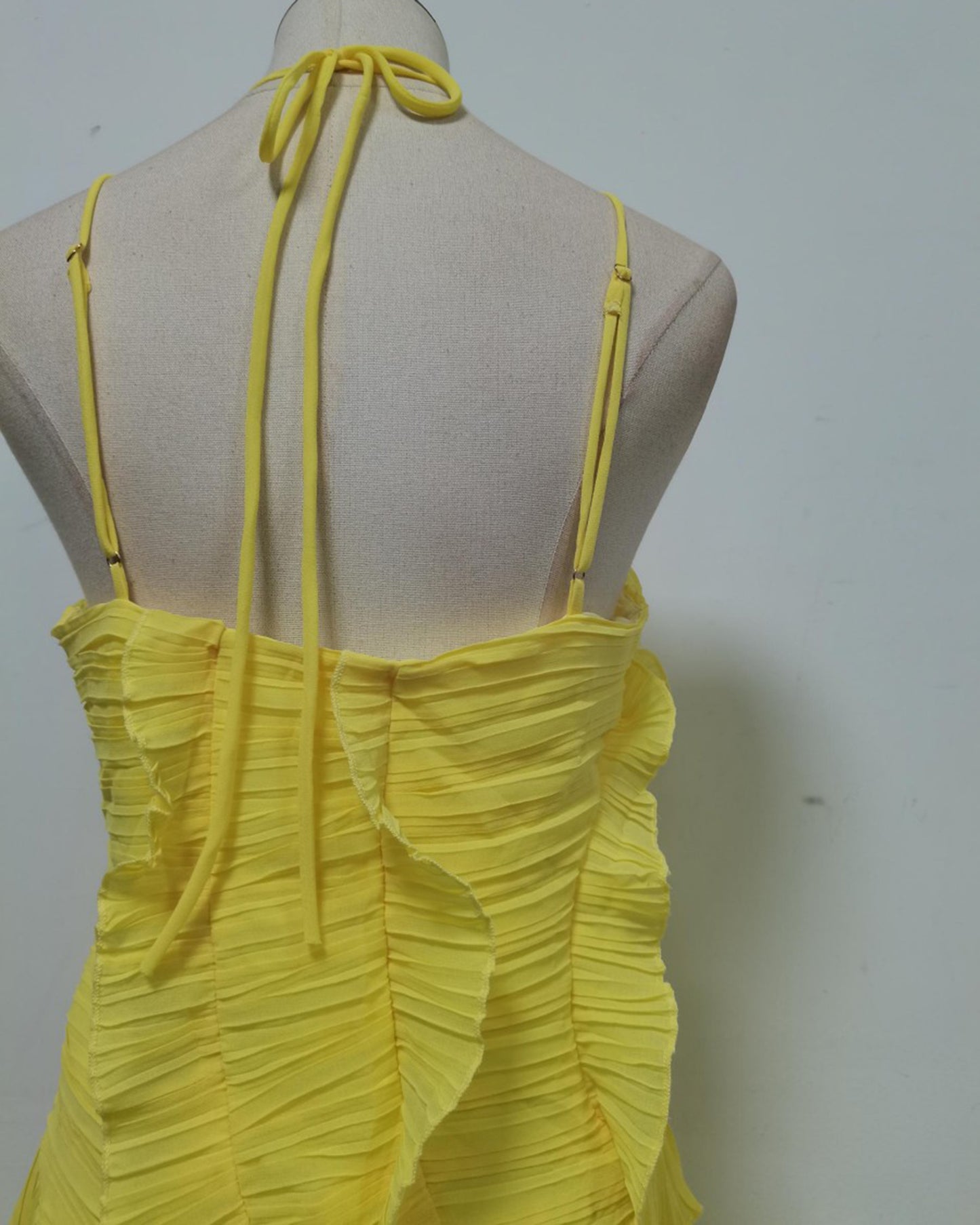 Yellow Halter Ruffle Pleated Maxi Dress