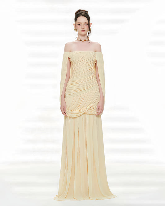 Yellow Off-the-Shoulder Ruched Maxi Dress