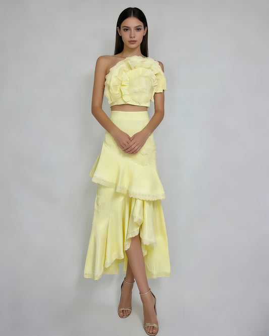 Yellow One-Shoulder Crochet Ruffle Two-Piece Set