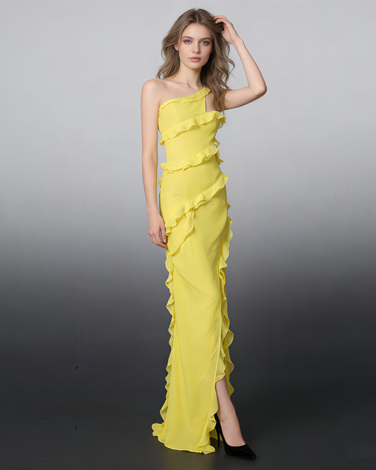 Yellow One-Shoulder Ruffle Gown