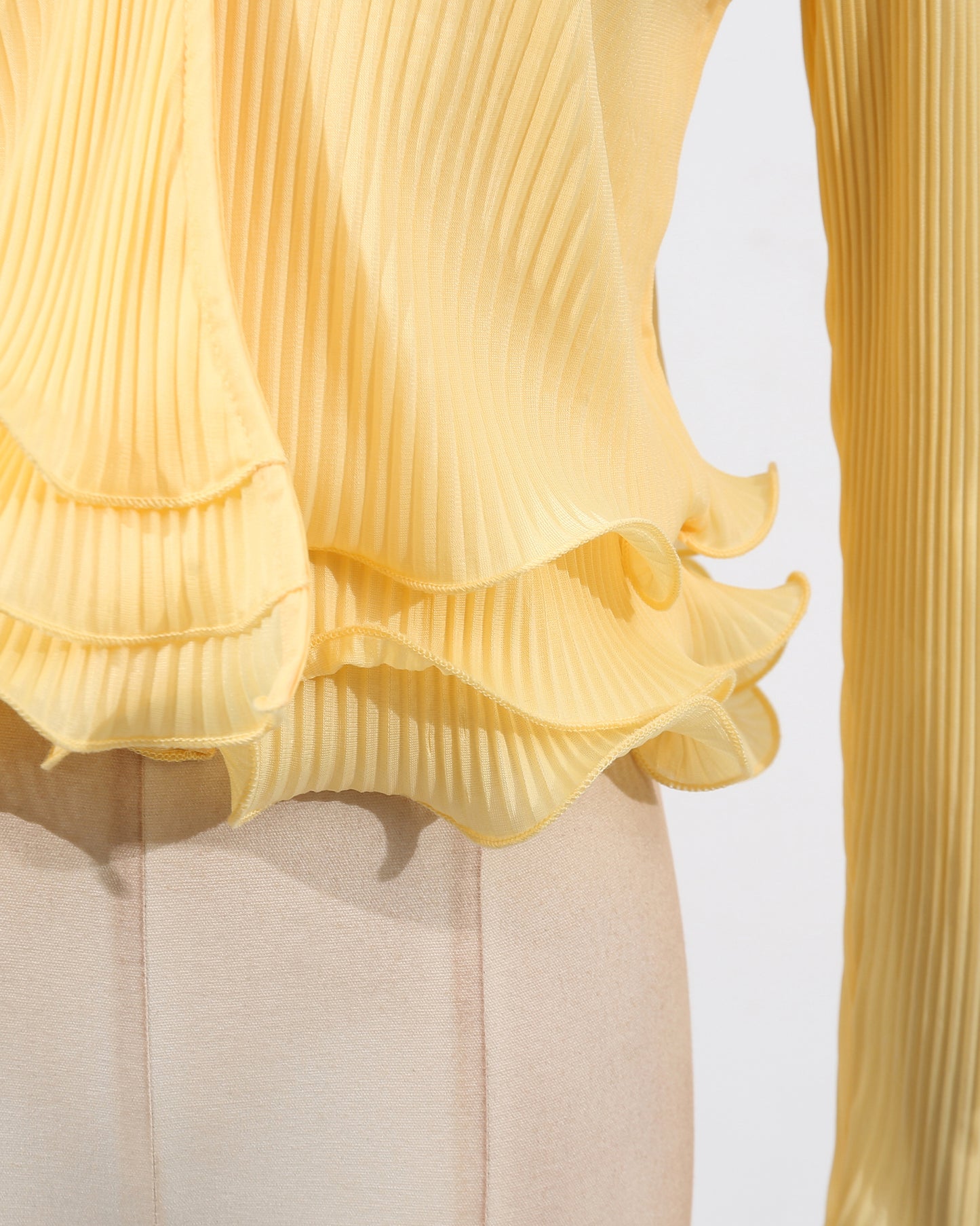 Yellow Ruffled Plisse V-Neck Blouse