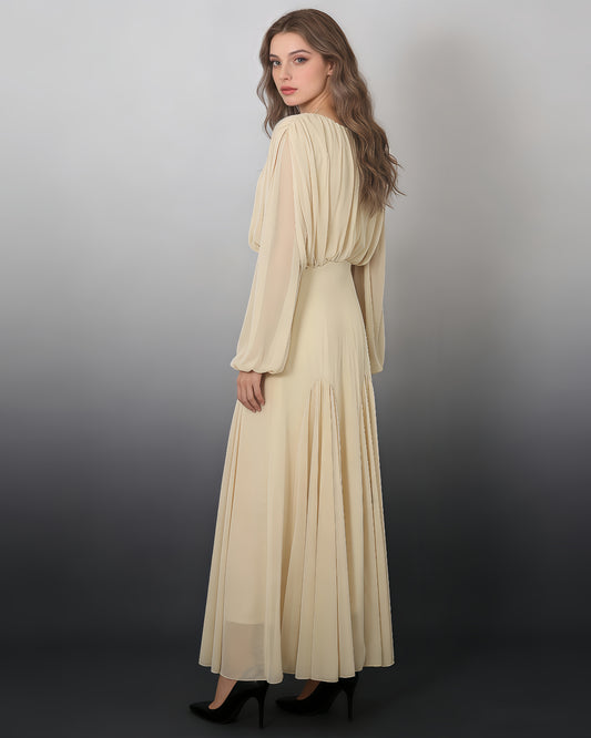 Yellow Sheer Sleeve Pleated Maxi Dress