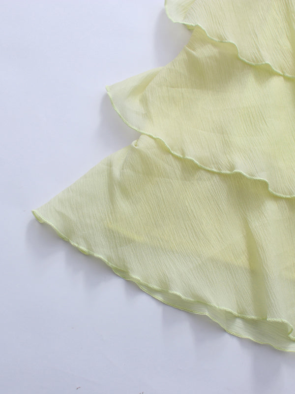 Yellow Spaghetti Strap Ruffle Multi-Layer Tiered Dress