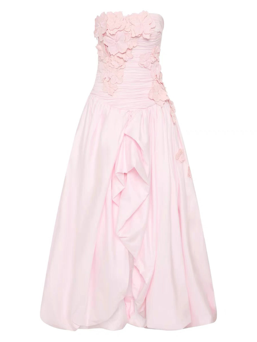 Pleated Patchwork Flower Long Dress