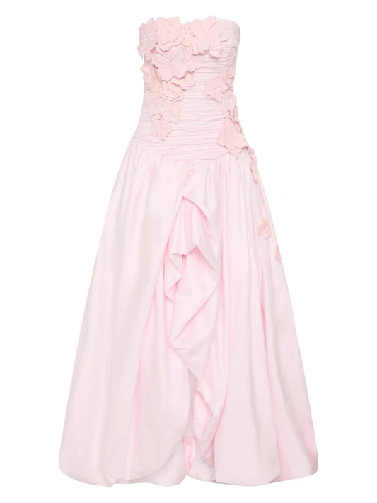 Pleated Patchwork Flower Long Dress