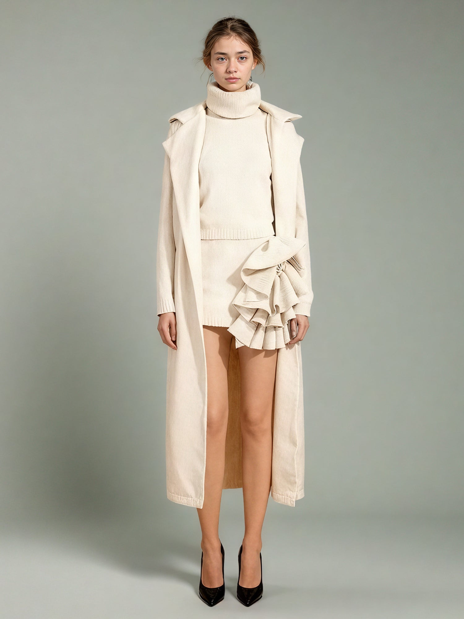 Apricot Knit 3 - Piece Set: Top, Ruffled Skirt & Coat - SISPELL