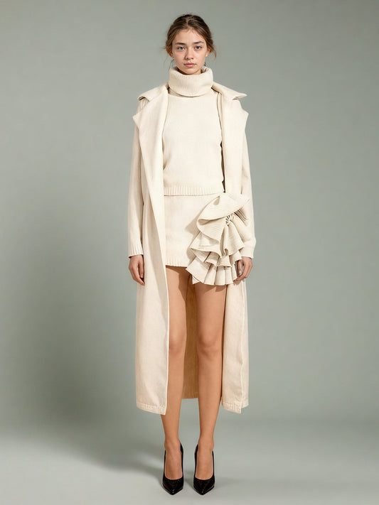 Apricot Knit 3 - Piece Set: Top, Ruffled Skirt & Coat - SISPELL