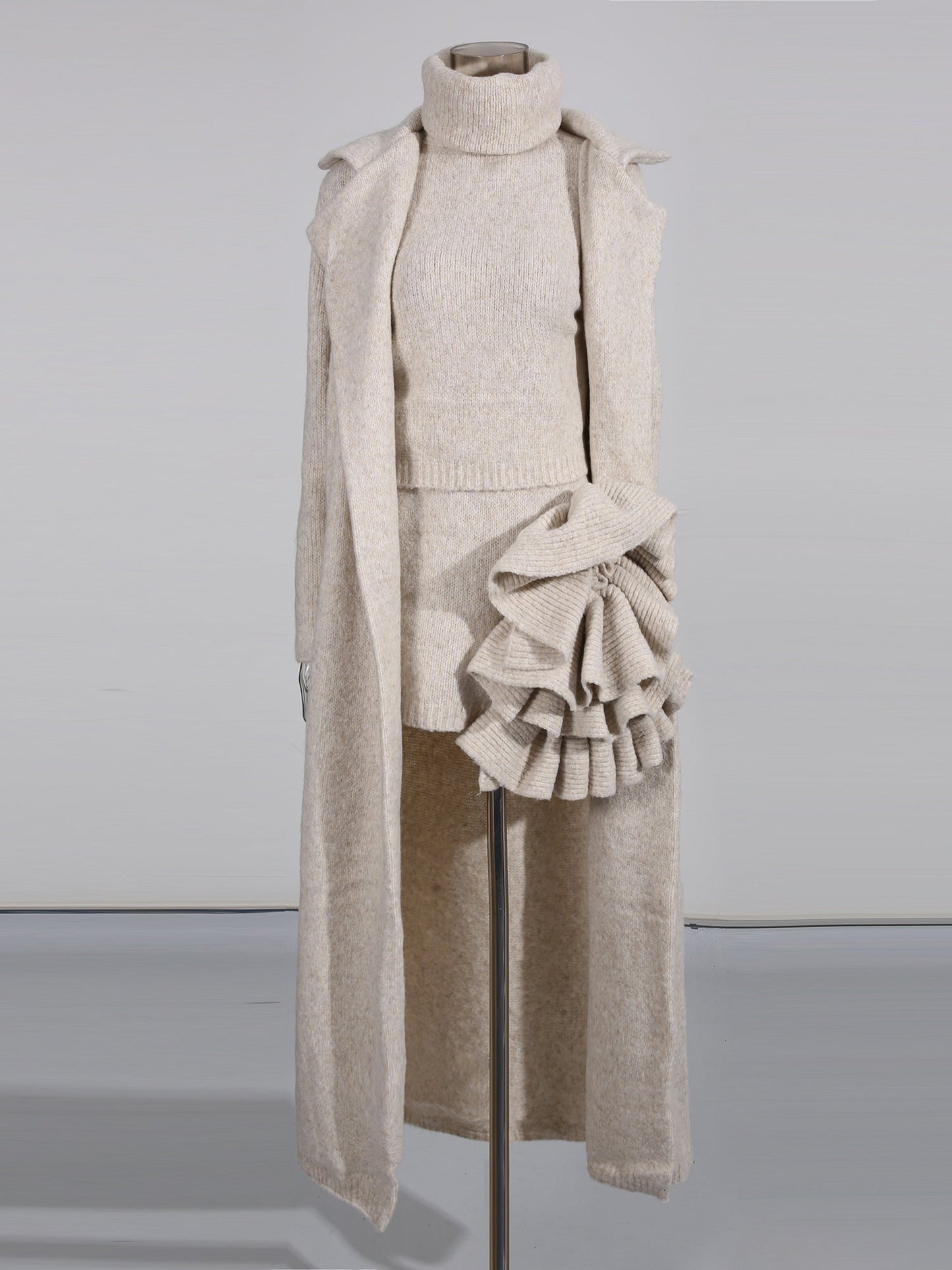 Apricot Knit 3 - Piece Set: Top, Ruffled Skirt & Coat - SISPELL