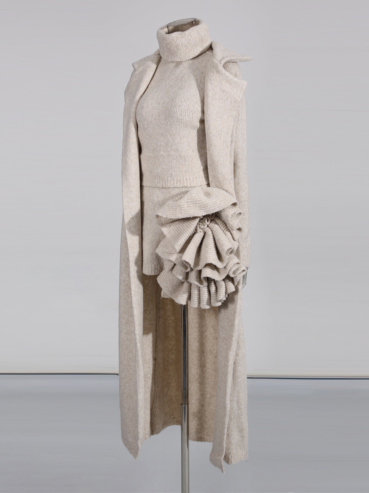 Apricot Knit 3 - Piece Set: Top, Ruffled Skirt & Coat - SISPELL