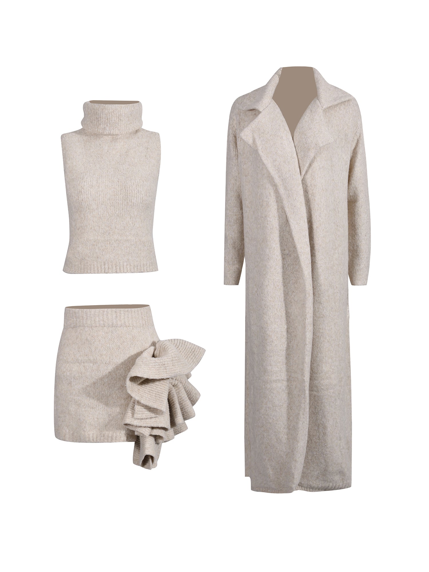 Apricot Knit 3 - Piece Set: Top, Ruffled Skirt & Coat - SISPELL