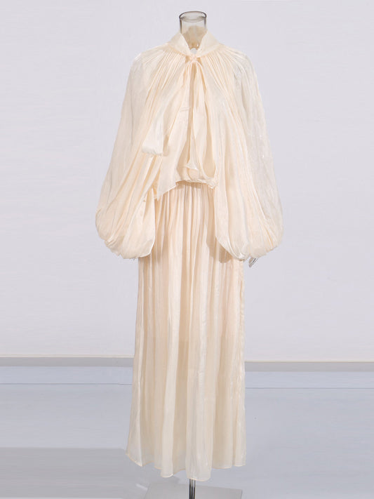 Apricot Puff Sleeve Tie Neck Maxi Dress - SISPELL