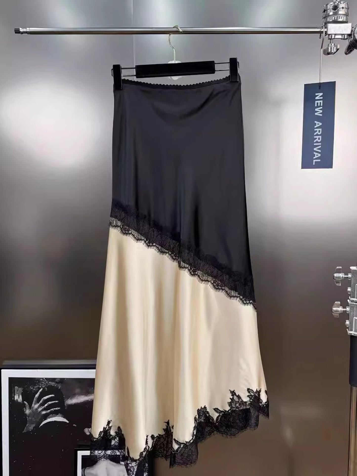 Apricot Satin Maxi Skirt with Black Lace - SISPELL