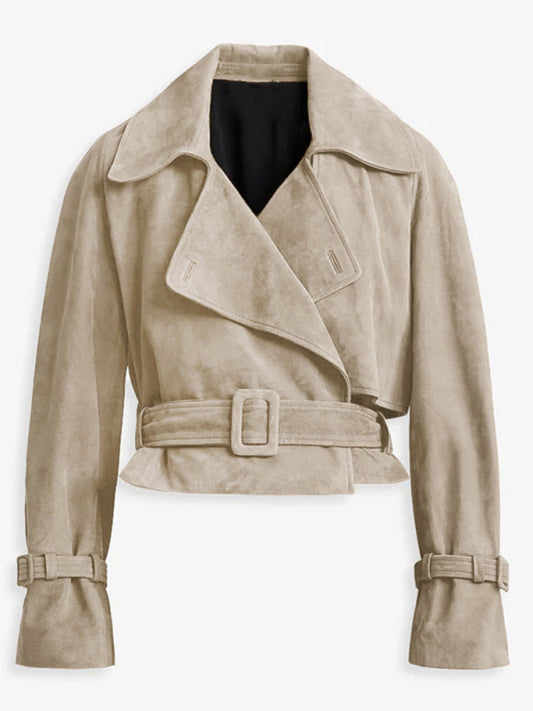 Apricot Suede Cropped Trench Jacket with Belt - SISPELL