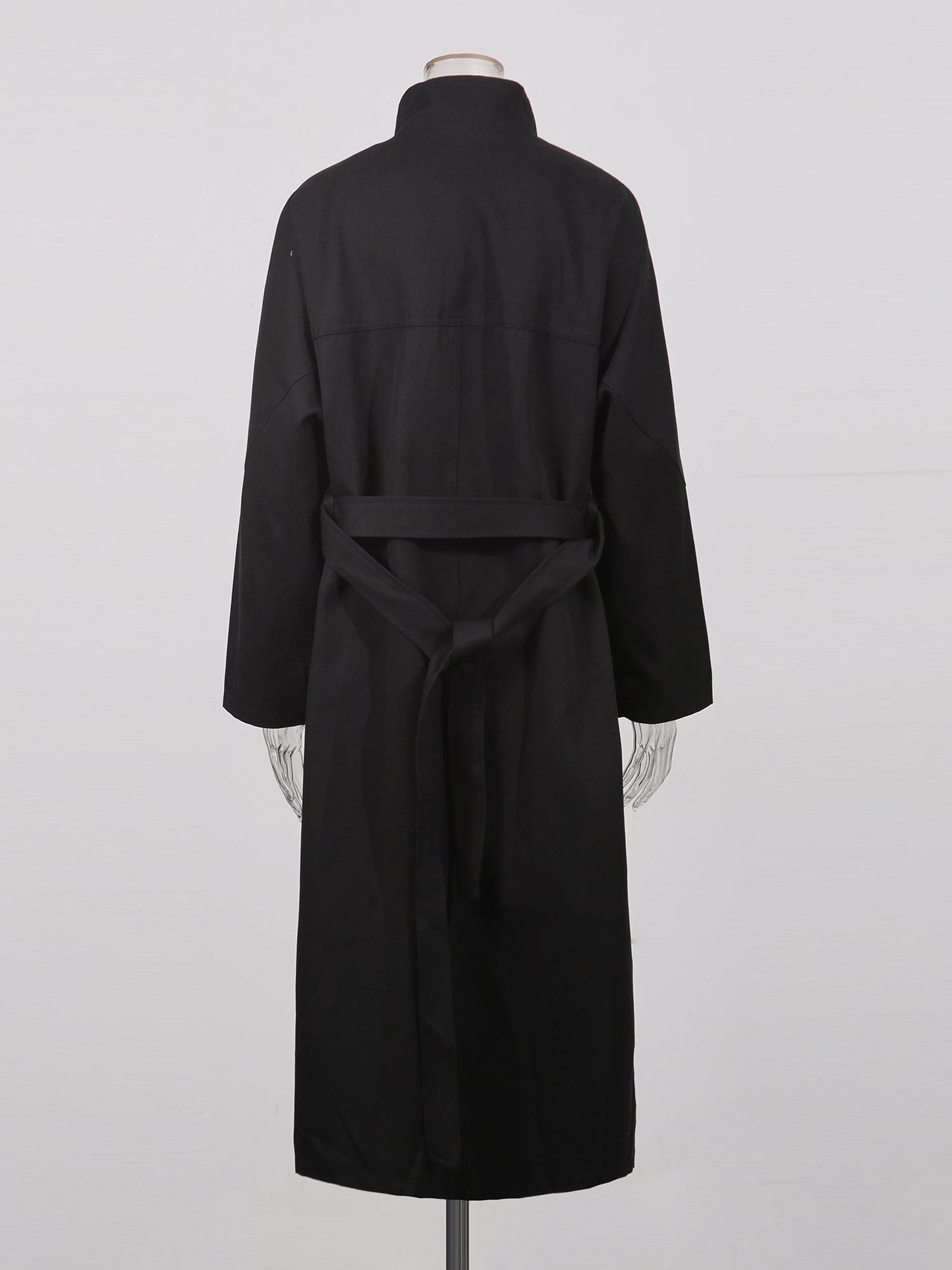 Black Asymmetric Long Coat with Stand Collar - SISPELL