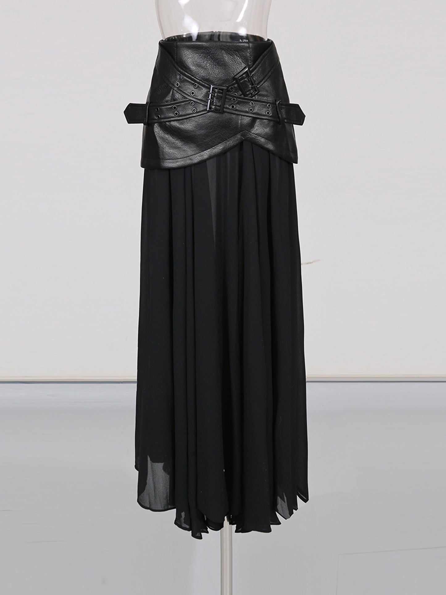 Black Faux Leather Buckle Chiffon Midi Skirt - SISPELL