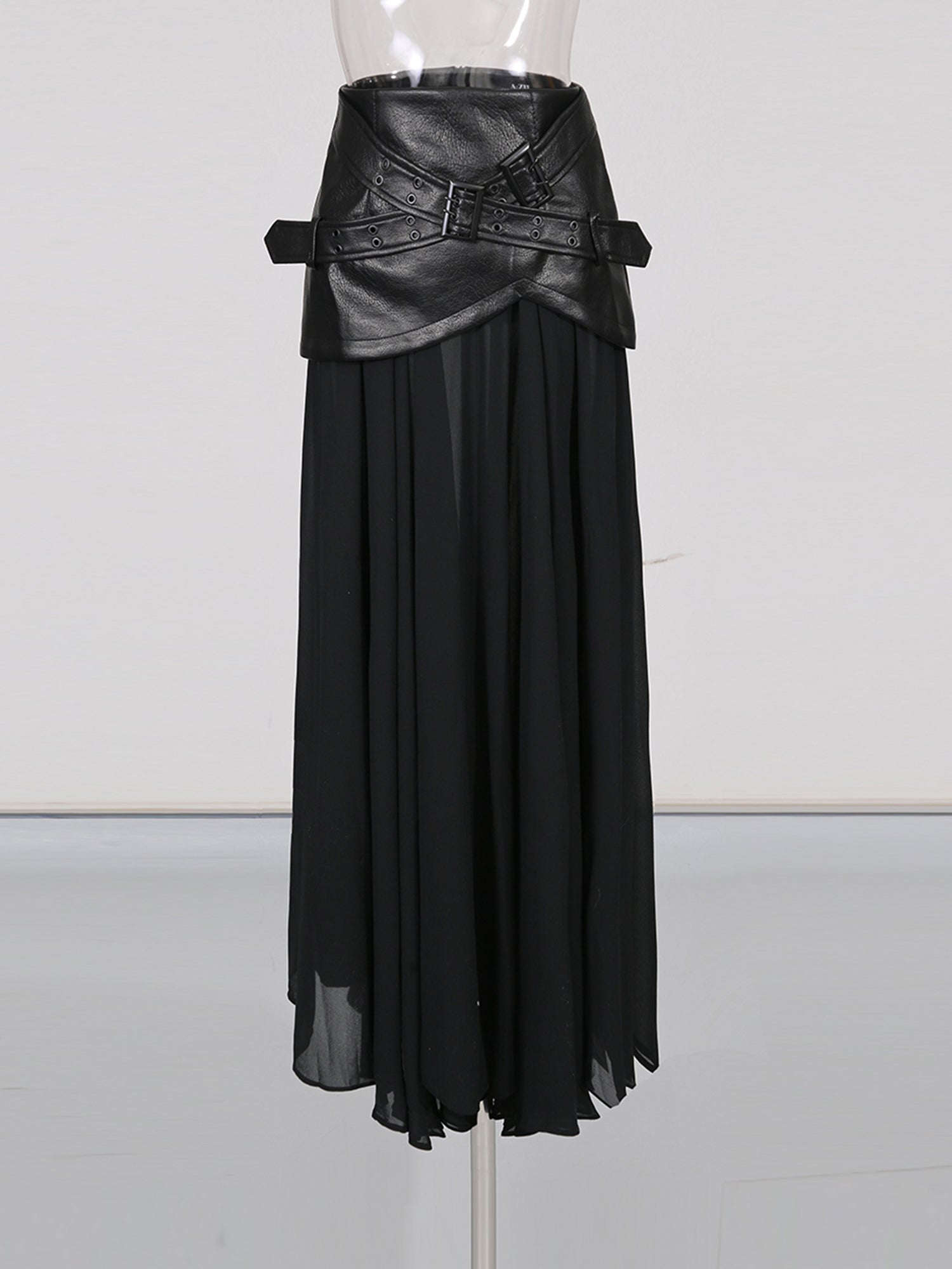 Black Faux Leather Buckle Chiffon Midi Skirt - SISPELL