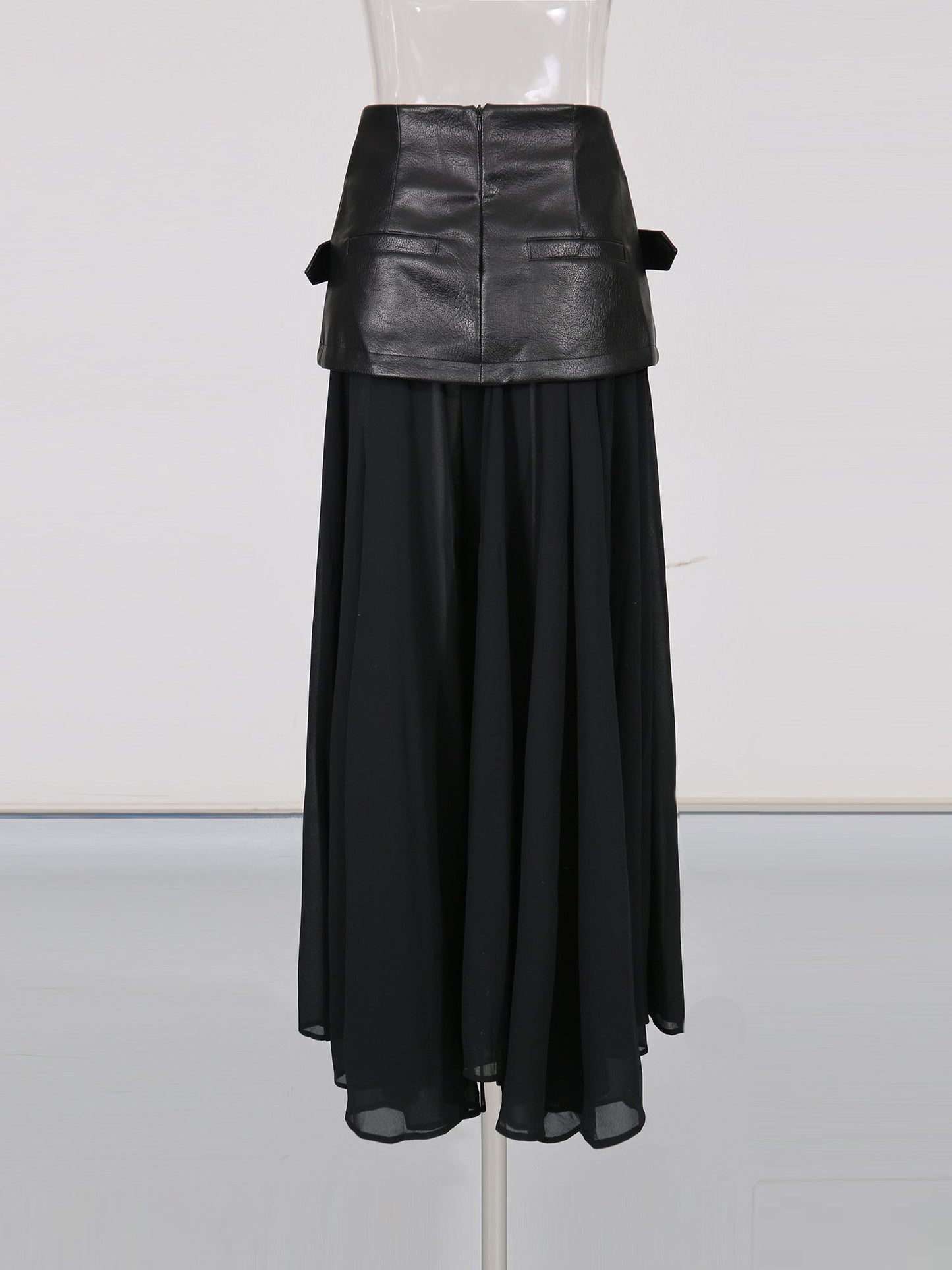 Black Faux Leather Buckle Chiffon Midi Skirt - SISPELL