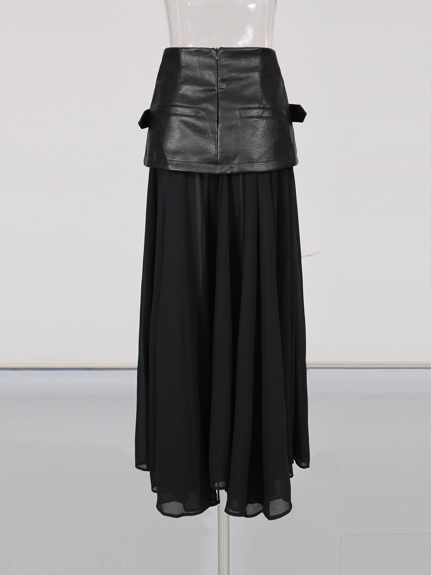 Black Faux Leather Buckle Chiffon Midi Skirt - SISPELL