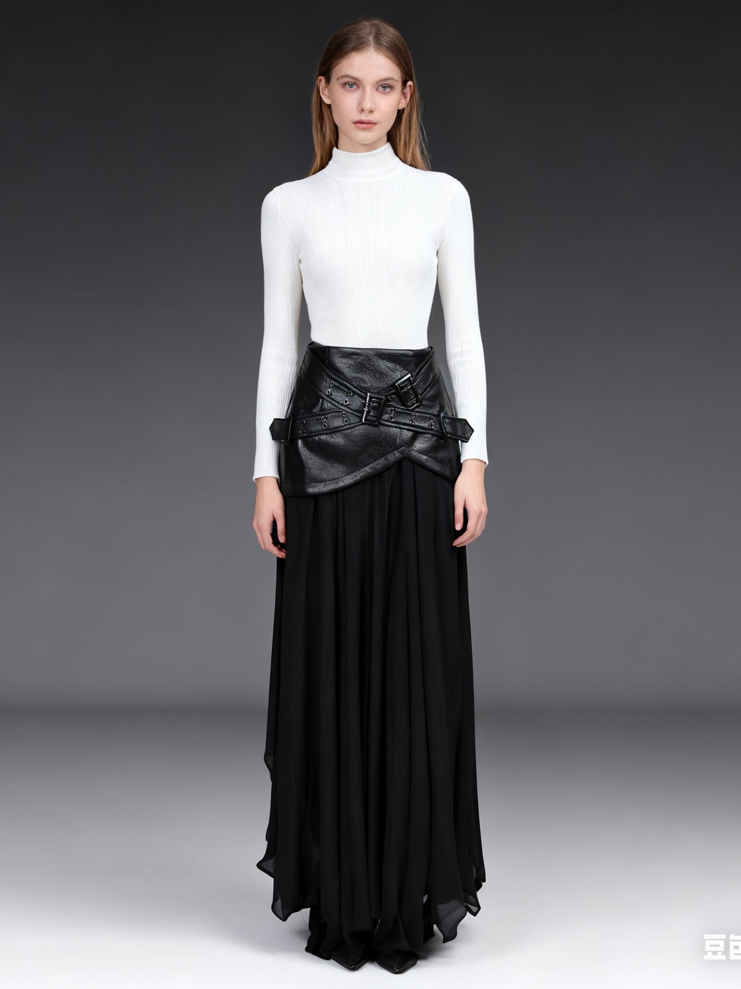 Black Faux Leather Buckle Chiffon Midi Skirt - SISPELL