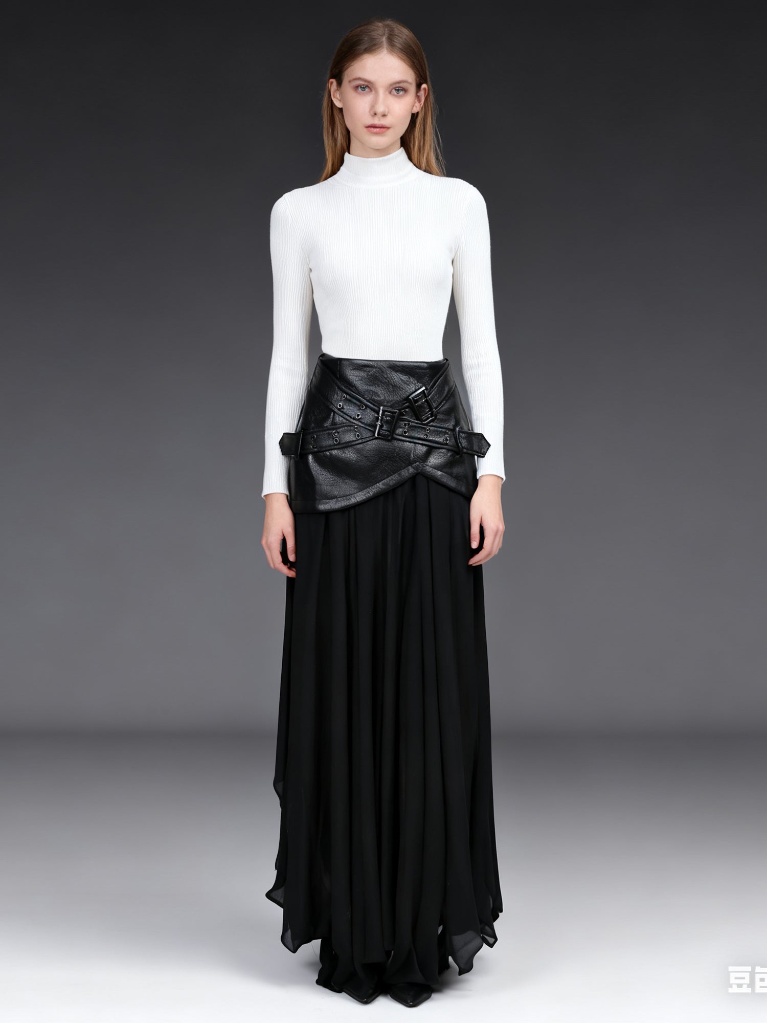 Black Faux Leather Buckle Chiffon Midi Skirt - SISPELL