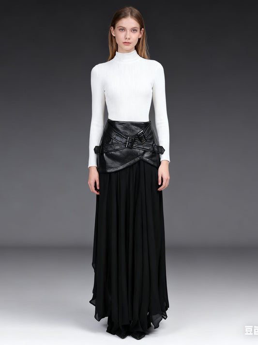 Black Faux Leather Buckle Chiffon Midi Skirt - SISPELL