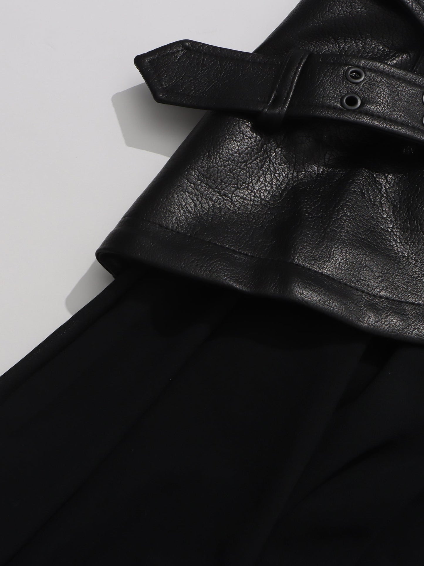 Black Faux Leather Buckle Chiffon Midi Skirt - SISPELL