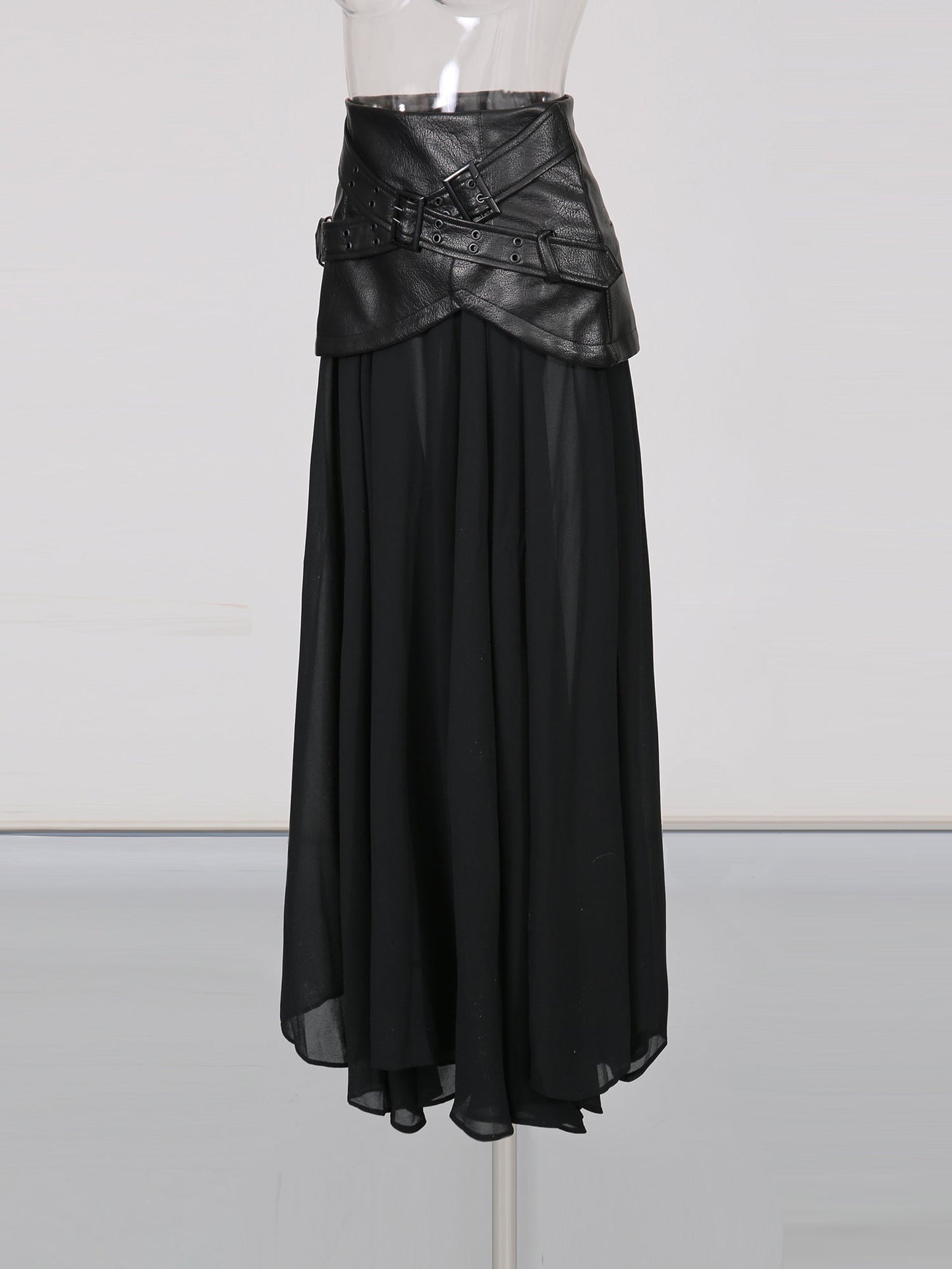 Black Faux Leather Buckle Chiffon Midi Skirt - SISPELL