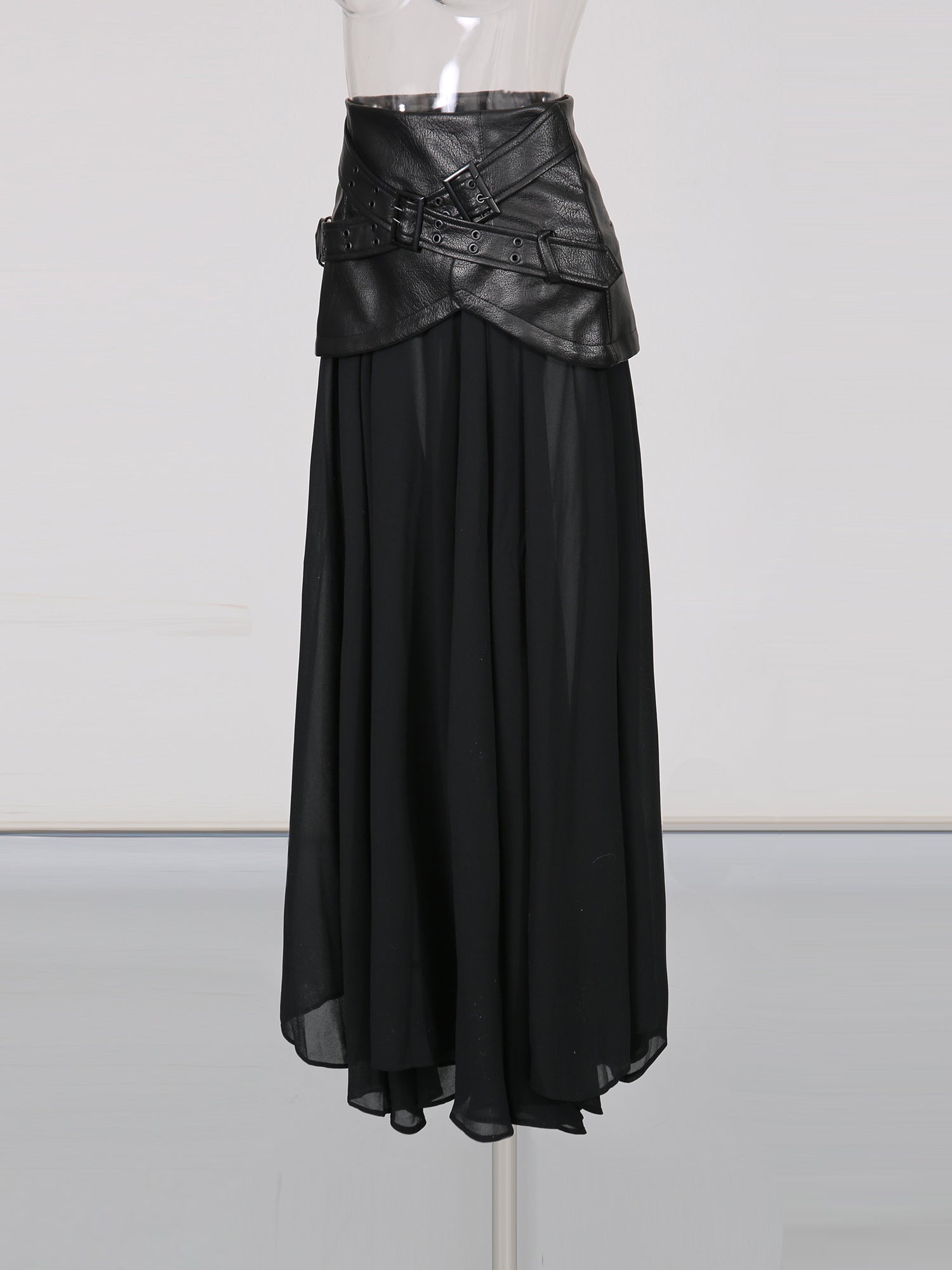 Black Faux Leather Buckle Chiffon Midi Skirt - SISPELL