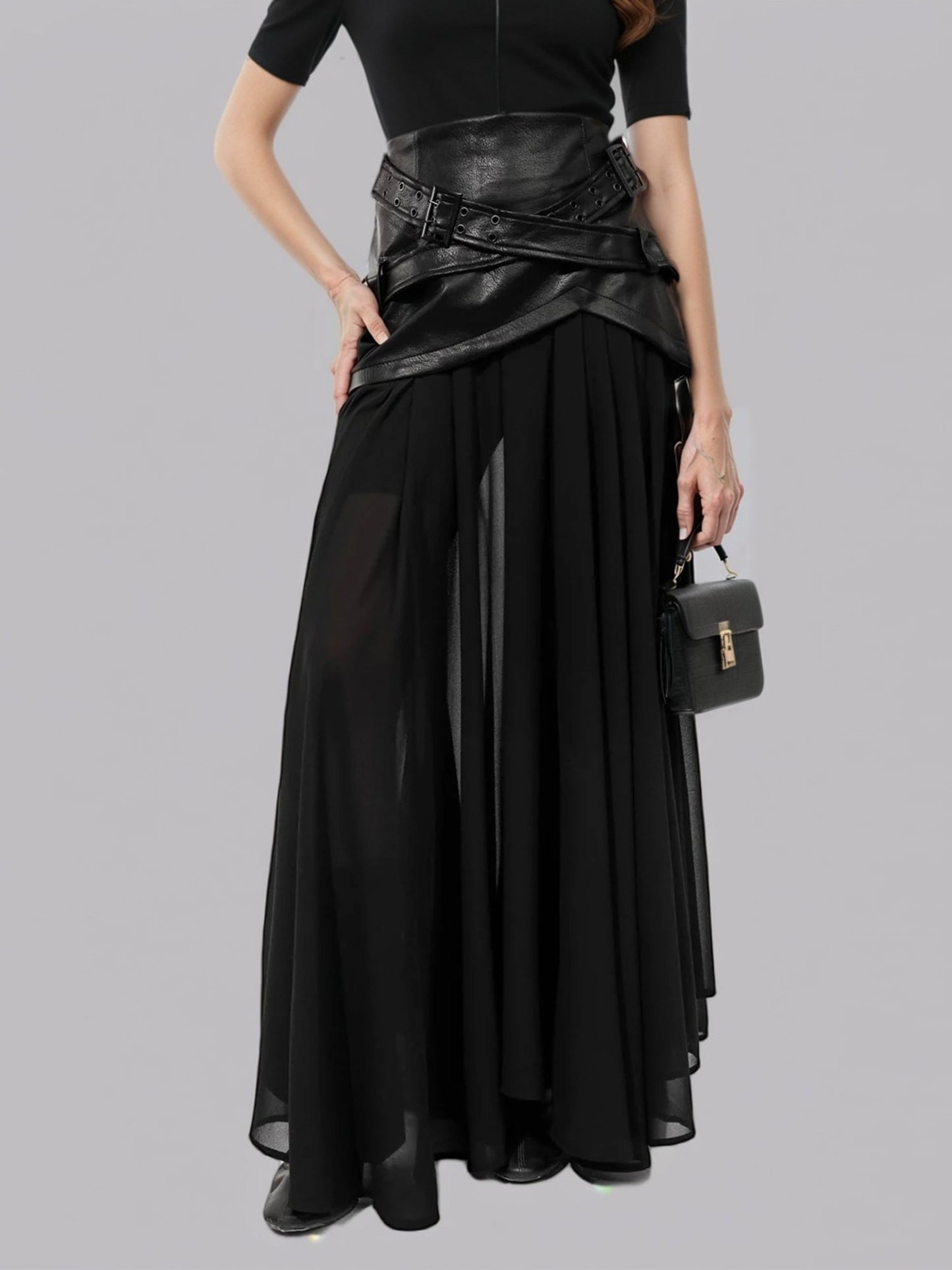 Black Faux Leather Buckle Chiffon Midi Skirt - SISPELL