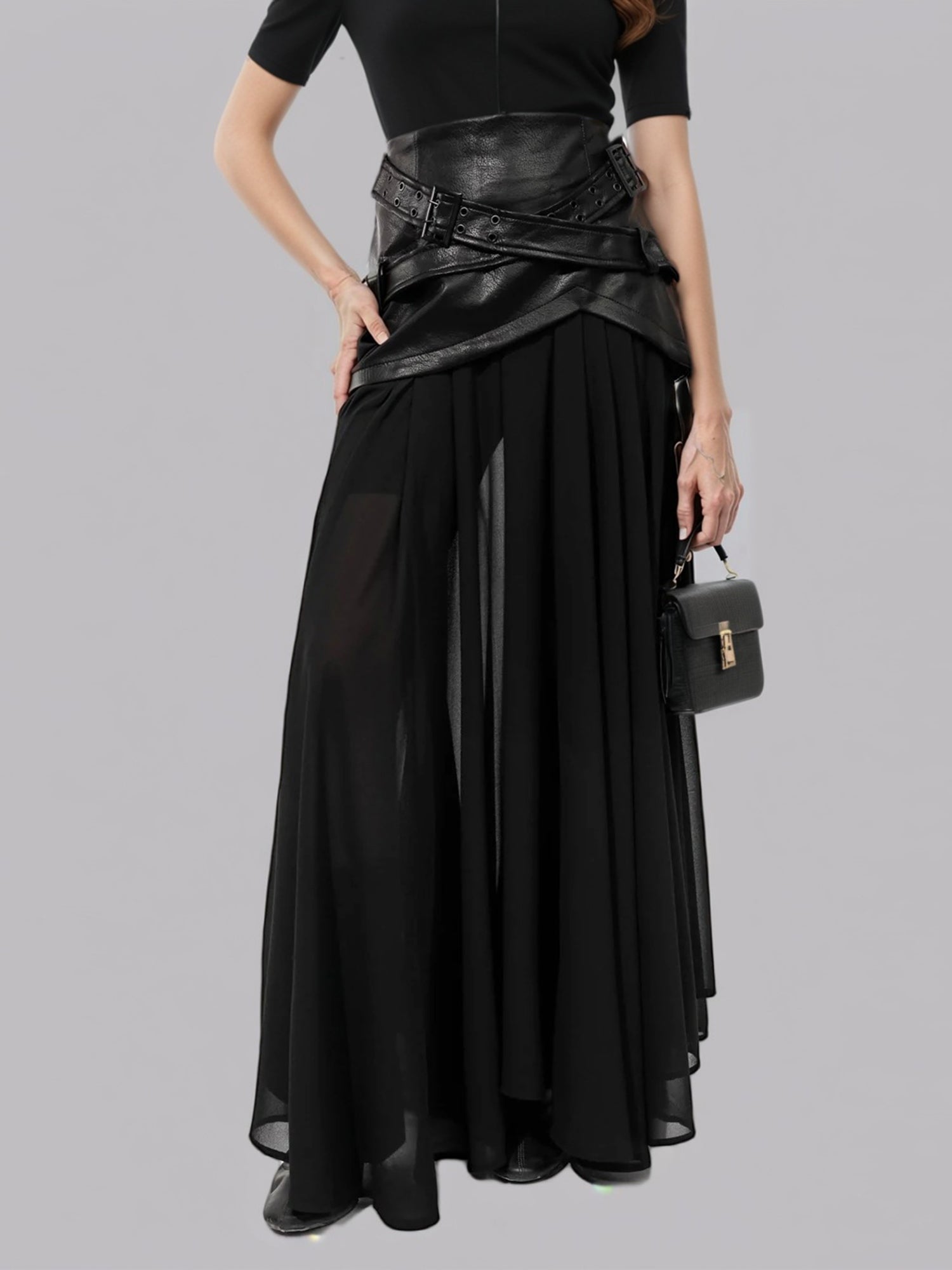 Black Faux Leather Buckle Chiffon Midi Skirt - SISPELL