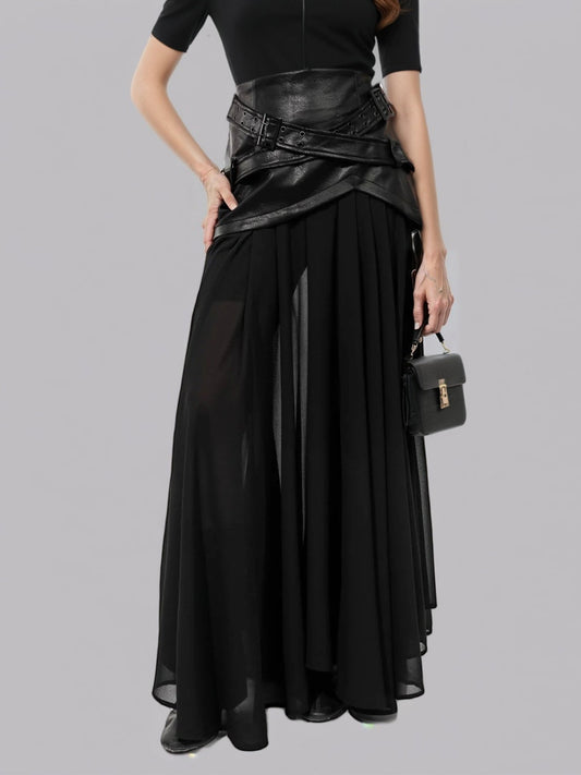 Black Faux Leather Buckle Chiffon Midi Skirt - SISPELL