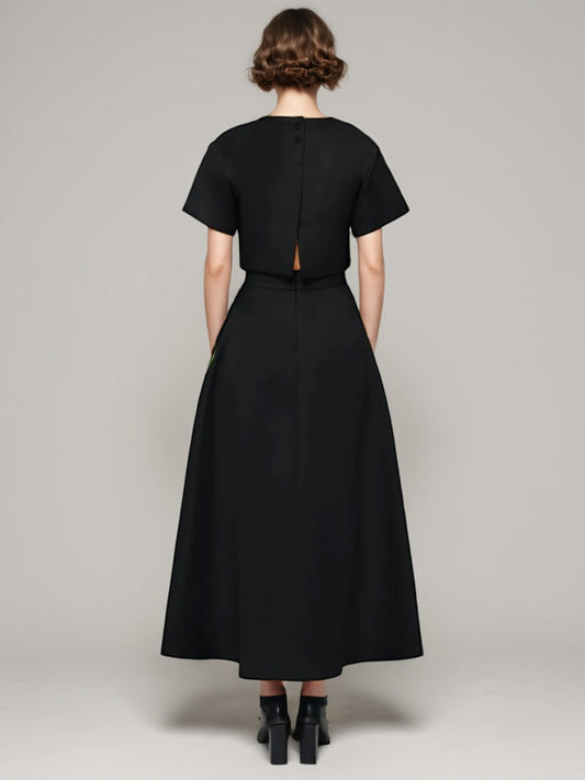 Black Floral Appliqué Crop Top & Midi Skirt Set - SISPELL