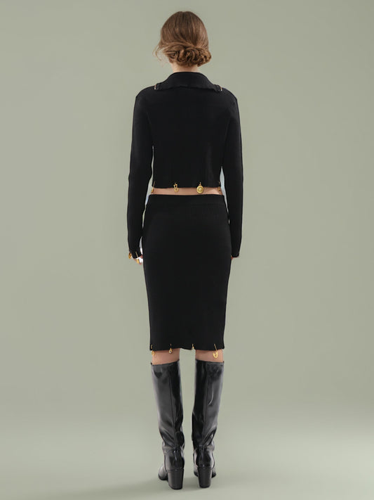 Black Knit Set with Gold Charm & Half - Zip Detailing - SISPELL
