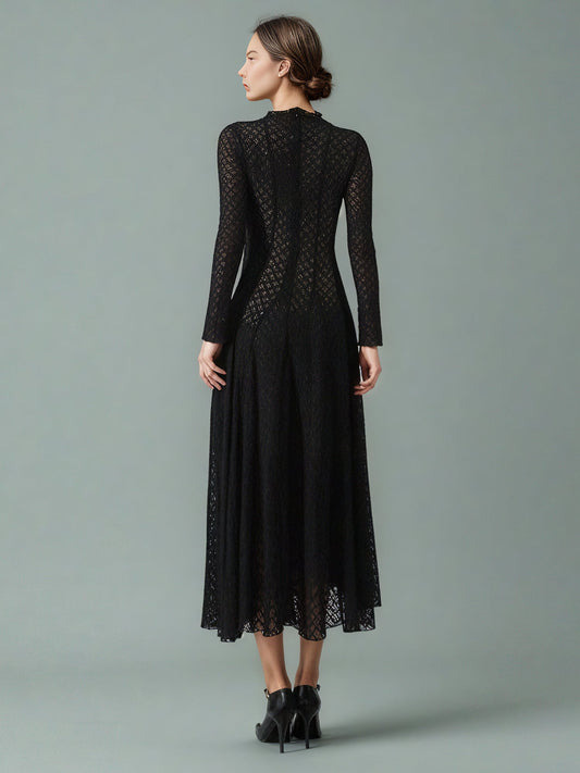 Black Lace Maxi Dress with Long Sleeve & Sheer Design - SISPELL