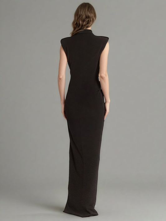 Black Maxi Dress with Gold Zipper & High Neck Detail - SISPELL