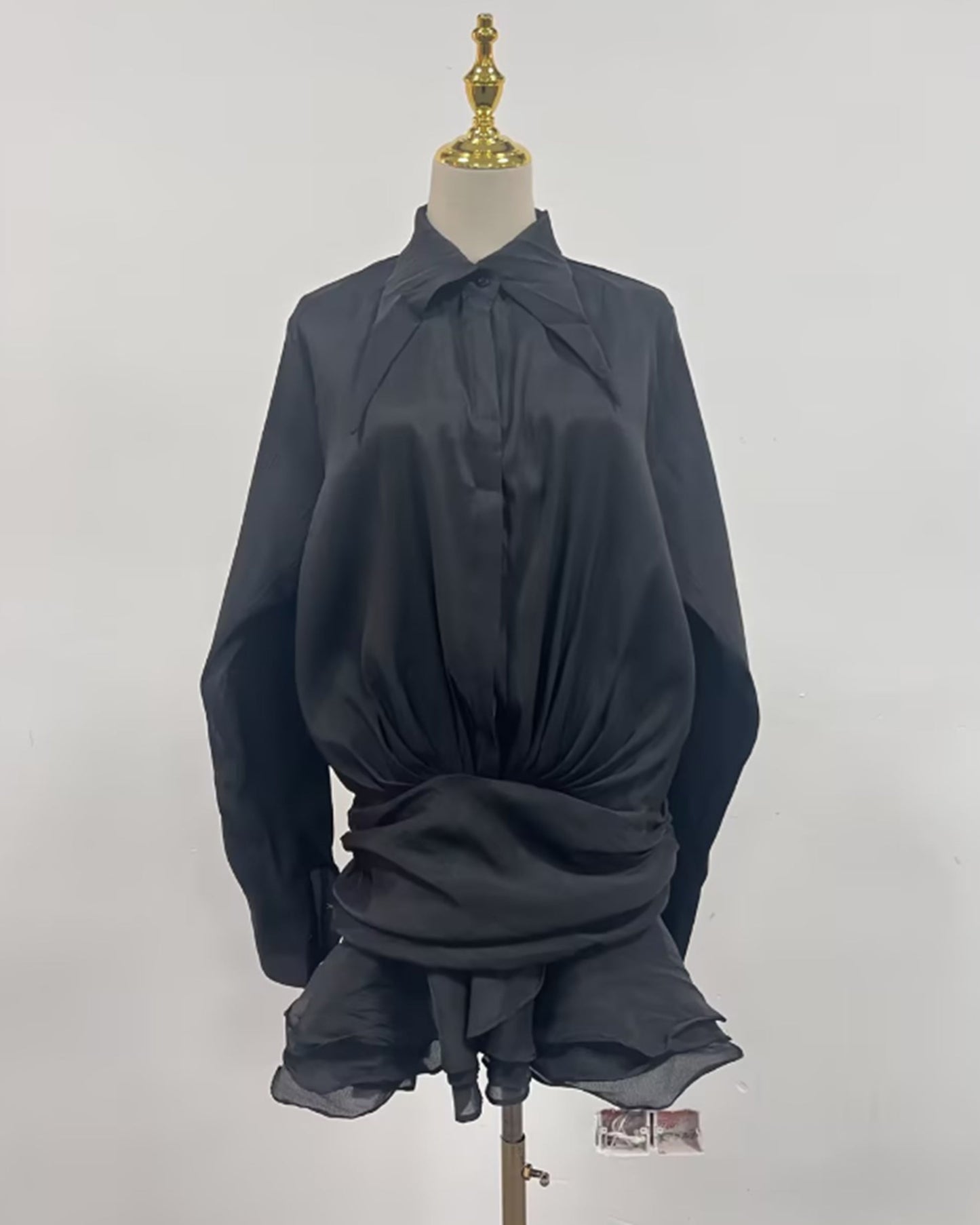 Black Oversized Collar Ruffled Blouse Dress - SISPELL