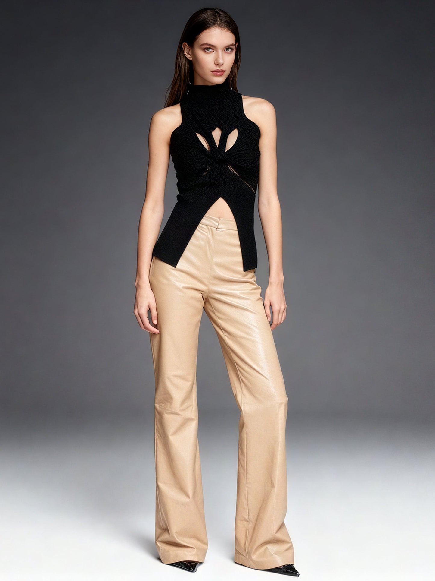 Black Ribbed Knot Cutout Sleeveless Top - SISPELL