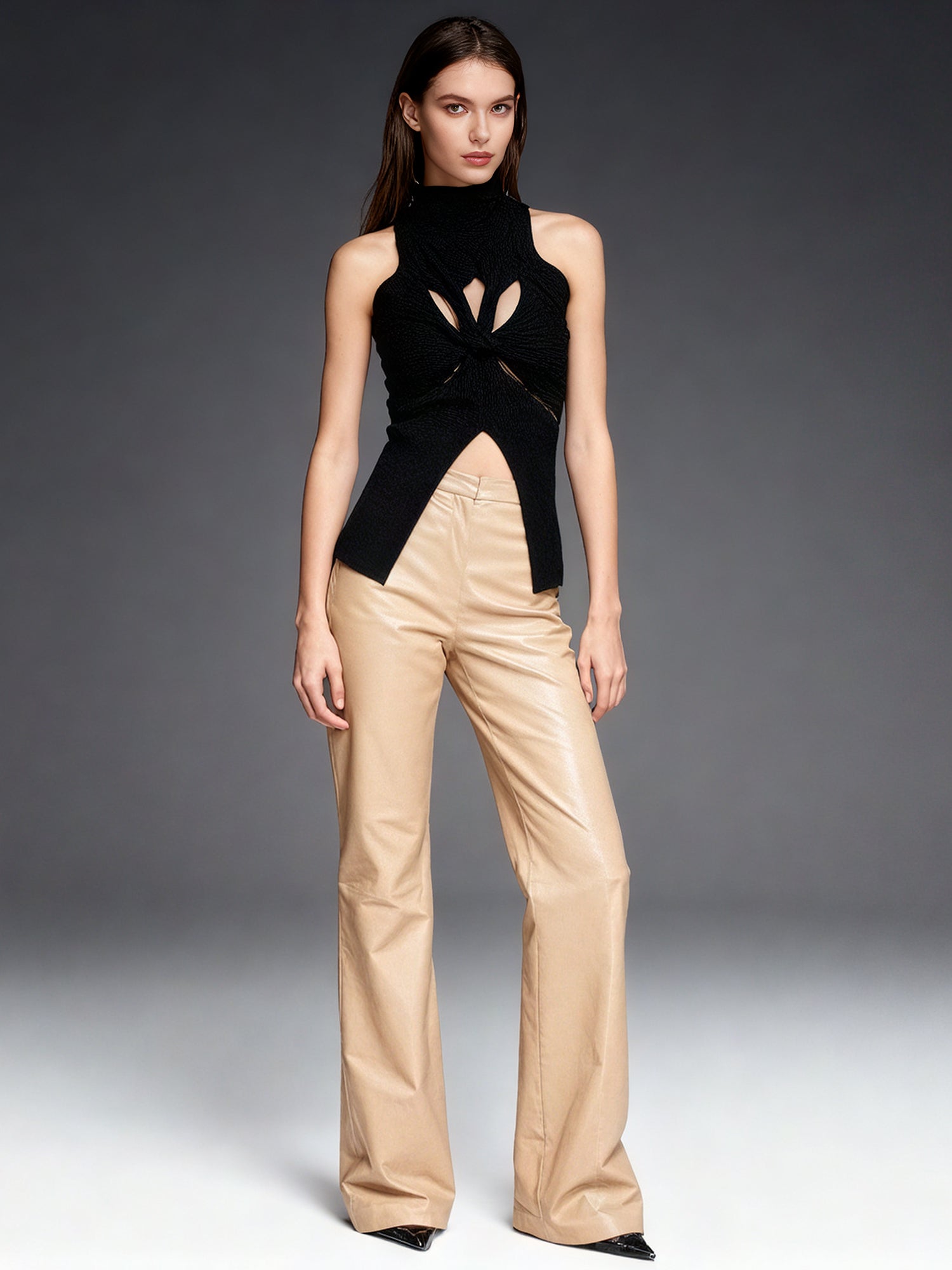 Black Ribbed Knot Cutout Sleeveless Top - SISPELL