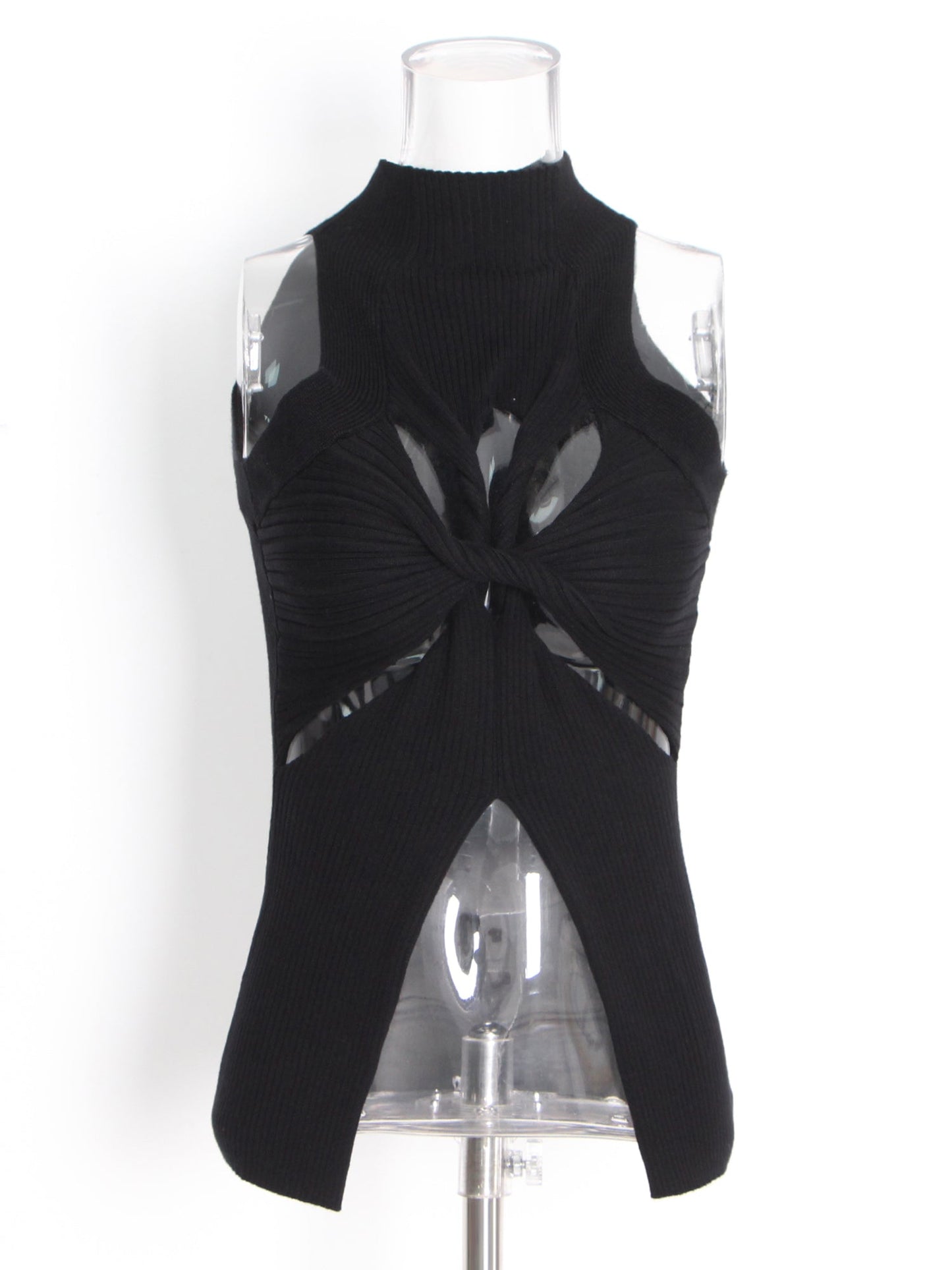 Black Ribbed Knot Cutout Sleeveless Top - SISPELL
