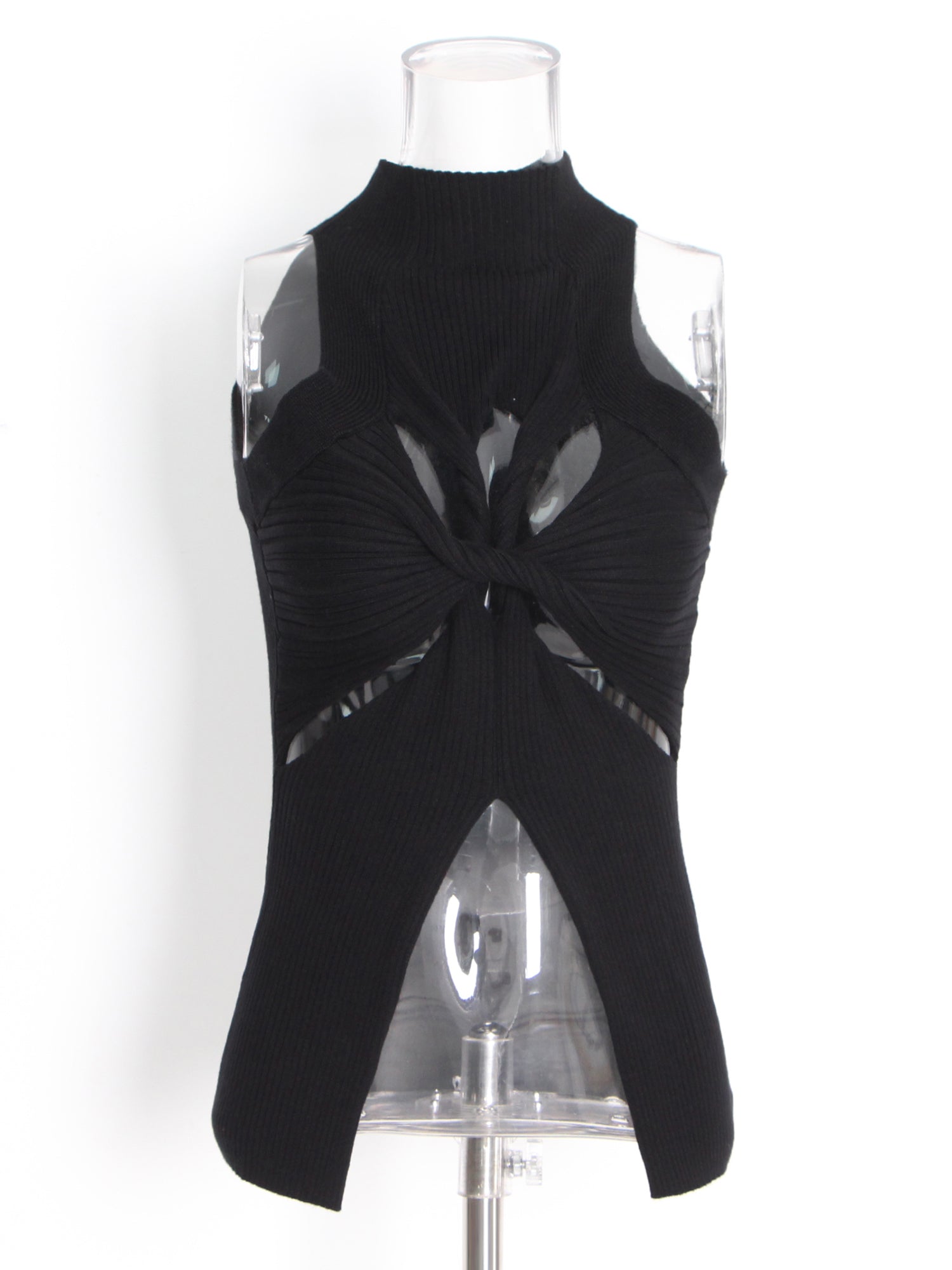 Black Ribbed Knot Cutout Sleeveless Top - SISPELL