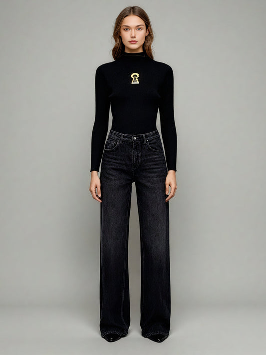 Black Ribbed Sweater with Gold Keyhole Embellishment - SISPELL