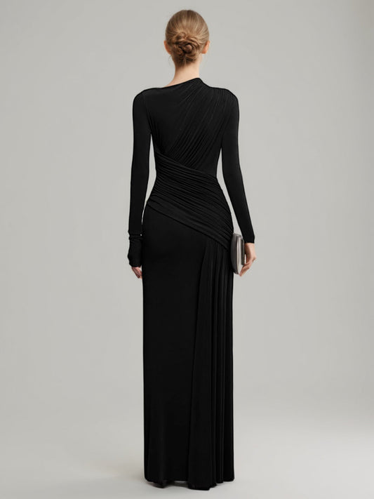 Black Ruched Long Sleeve Maxi Evening Dress - SISPELL