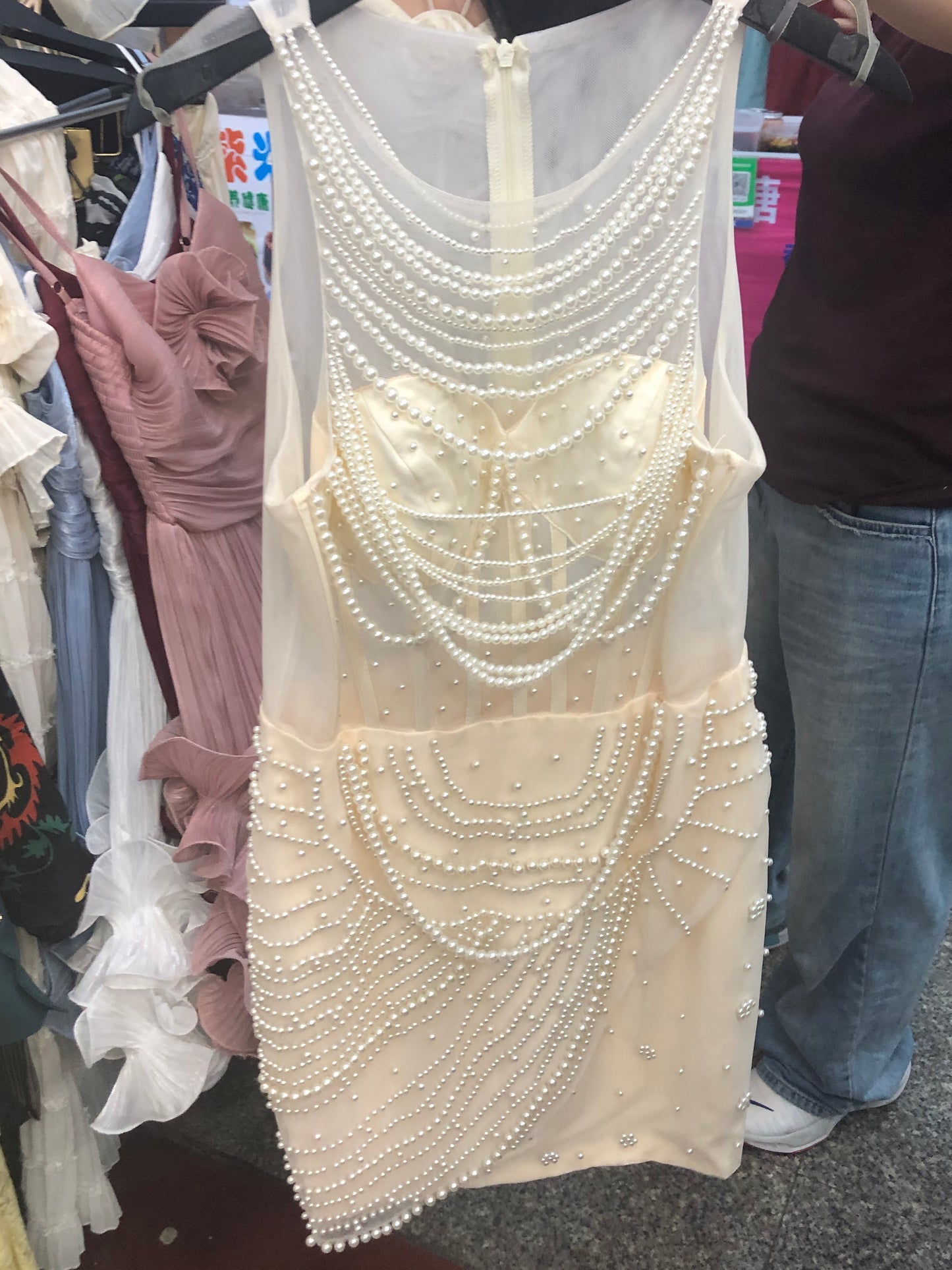 Patchwork Pearls Sleeveless Short Dress