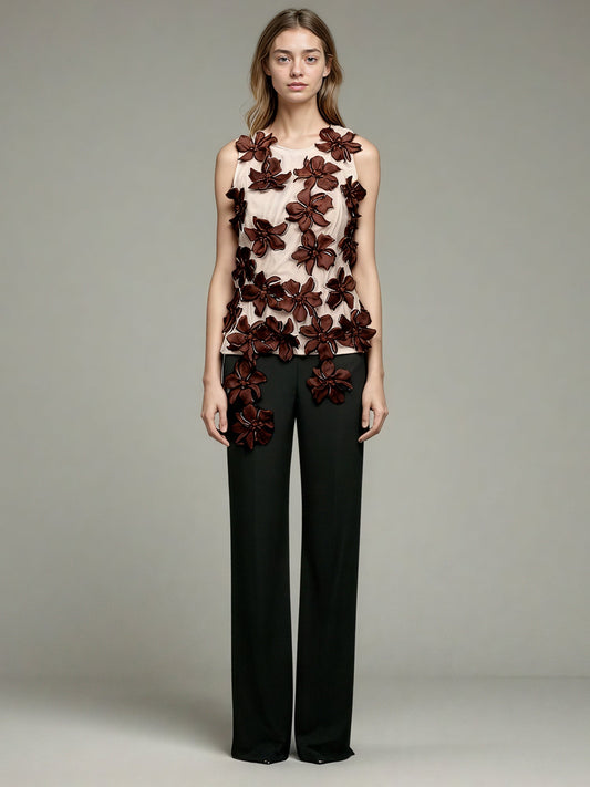 Coffee 3D Floral Appliqué Sleeveless Top - SISPELL