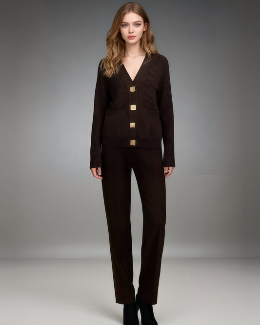 Coffee Ribbed Cardigan with Decorative Gold Buttons - SISPELL