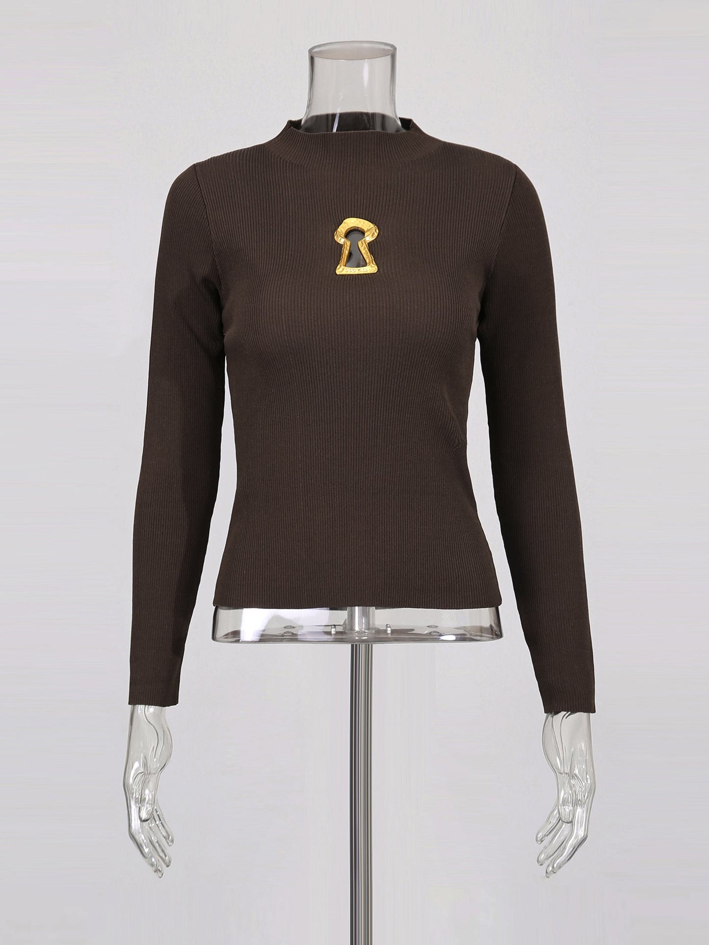 Coffee Ribbed Sweater with Gold Keyhole Embellishment - SISPELL