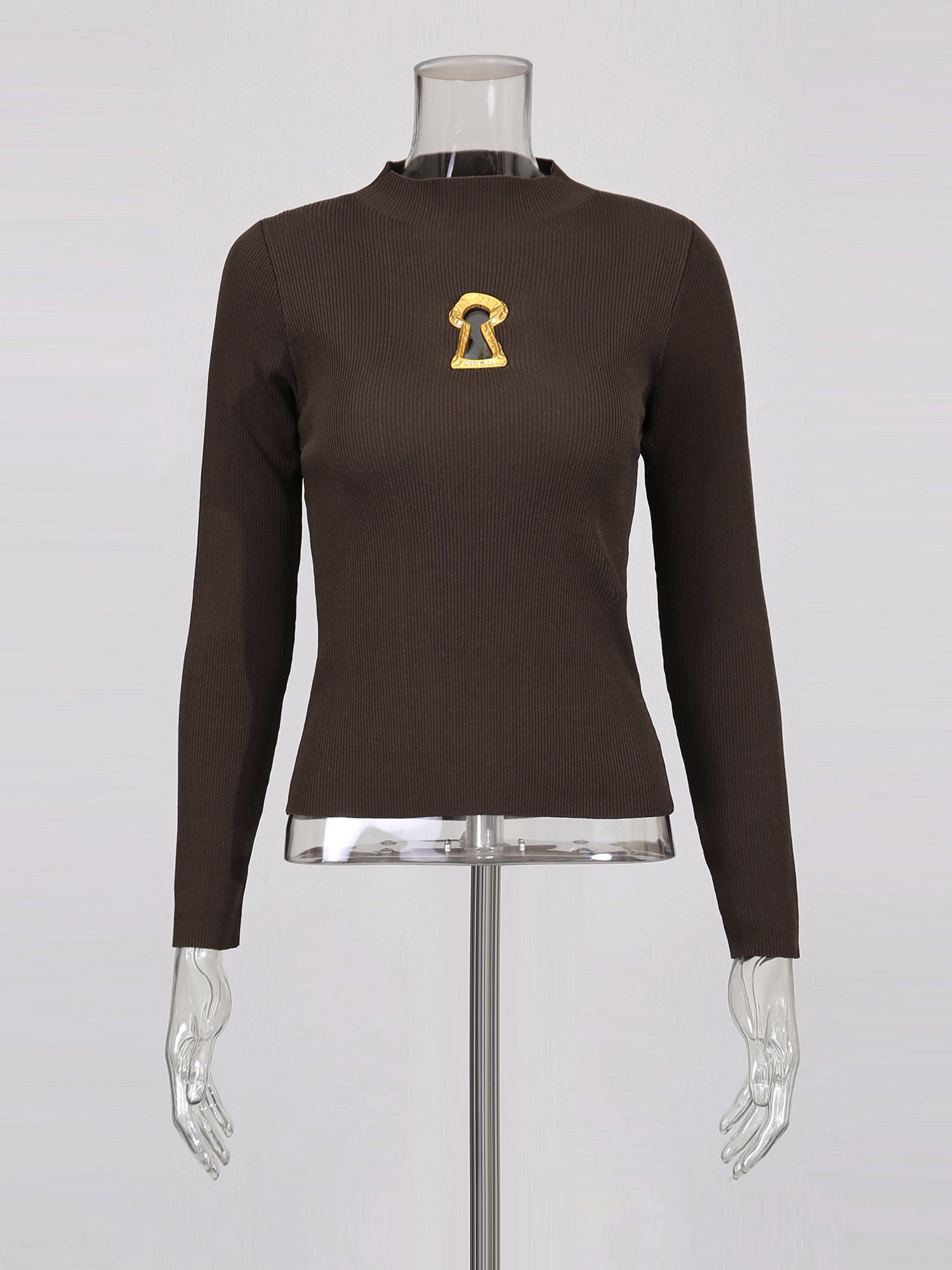 Coffee Ribbed Sweater with Gold Keyhole Embellishment - SISPELL