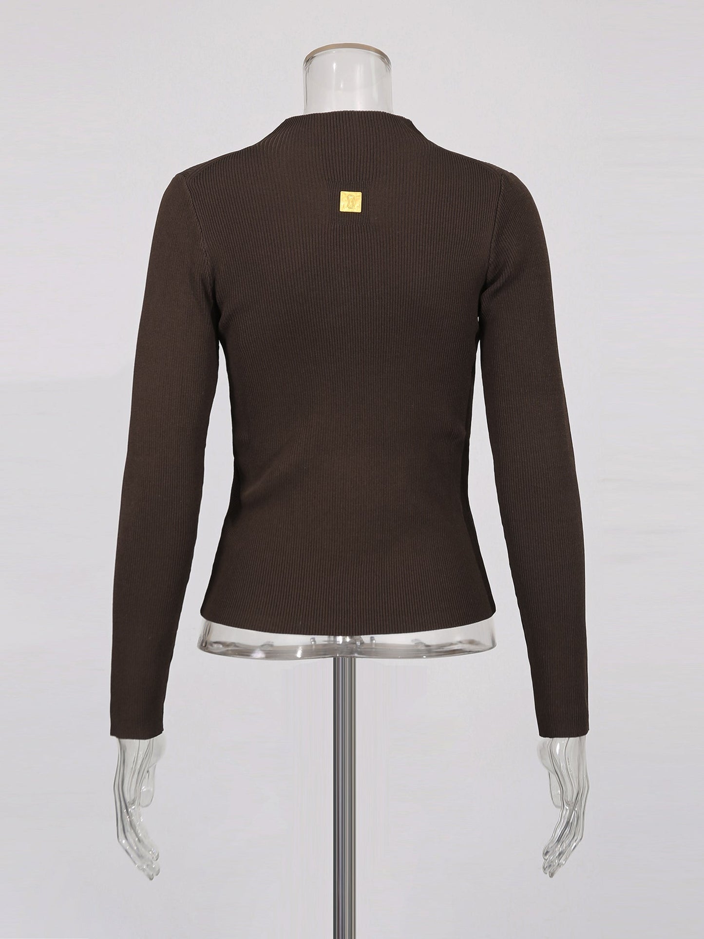 Coffee Ribbed Sweater with Gold Keyhole Embellishment - SISPELL