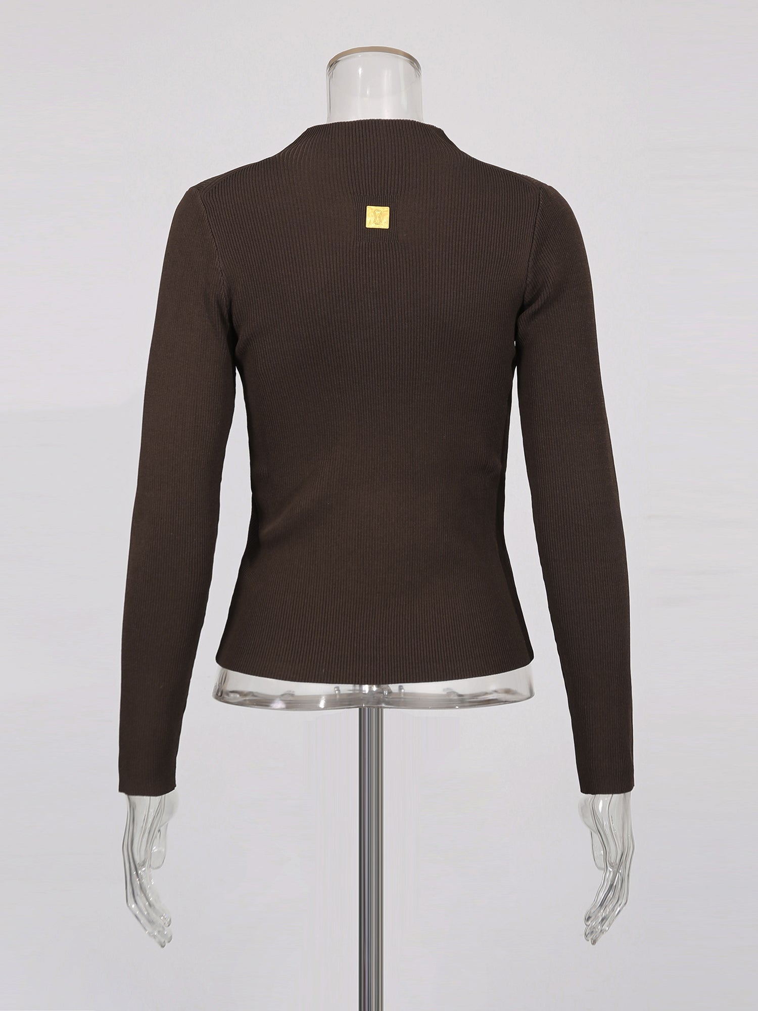 Coffee Ribbed Sweater with Gold Keyhole Embellishment - SISPELL