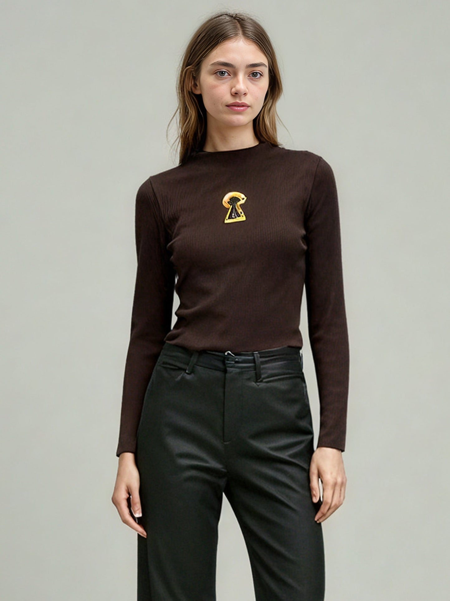 Coffee Ribbed Sweater with Gold Keyhole Embellishment - SISPELL